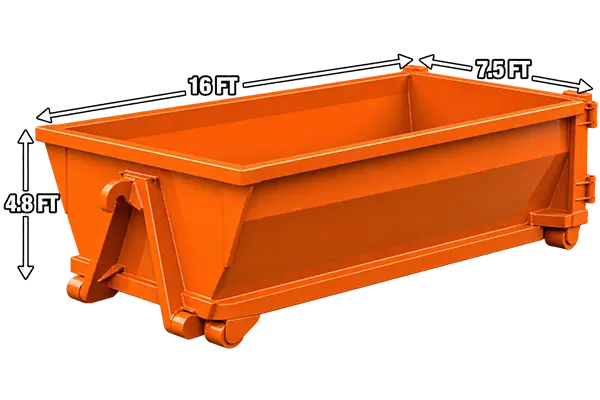 20 yard roll off dumpster with measurements: 16 feet long, 7.5 feet wide, 4.8 feet tall